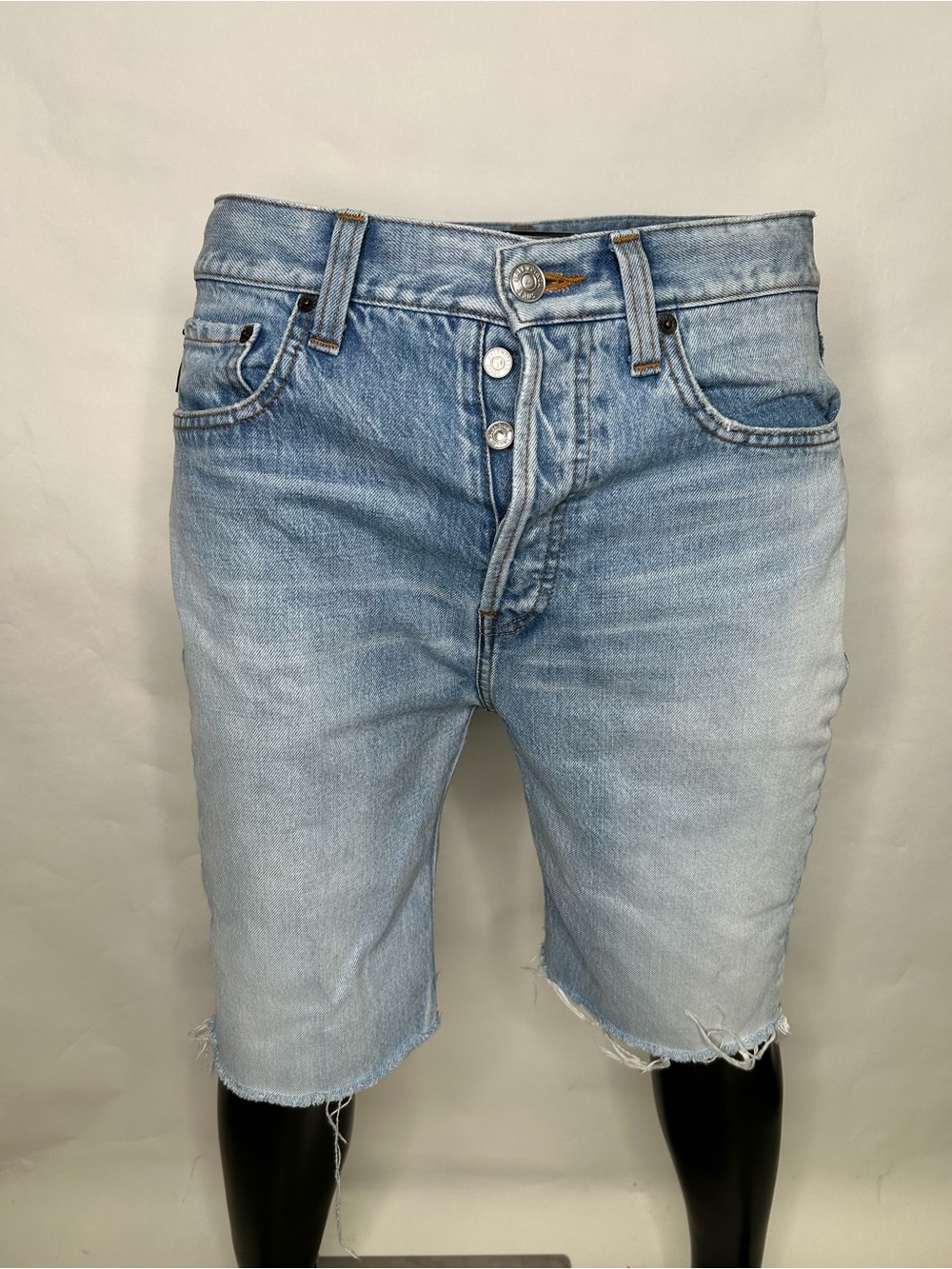 Balenciaga Shorts Jean Denim Men's Light Blue Casual Button Fly Distressed Jorts